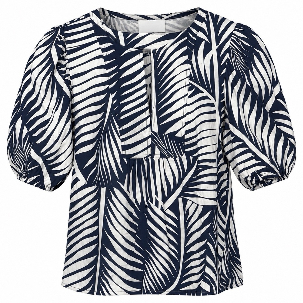 Panama Jack Women's Small Linen Blend Blue White Tropical Blouse Short Sleeve